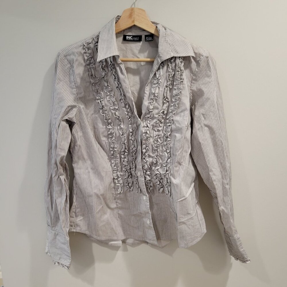 Retro Ruffle-detail Blouse with Pinstripes Pattern - INC International Concepts